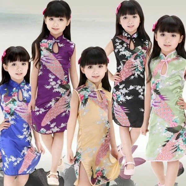 US_ BL_ Child Girl Kid Chinese Style Qipao Kids Baby Peacock Cheongsam Dress Clo